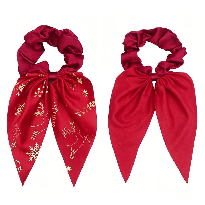 Weihnachts-Scrunchies mit Goldfolienprint und hängenden Bändern (2er-Set)