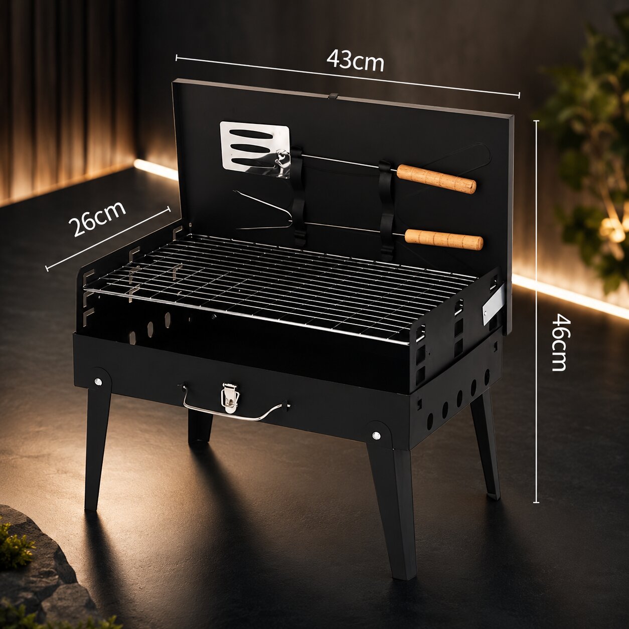 Kulgrill Bærbar Foldbar i Pulverlakeret Stål | Sammenklappet 44 x 24 x 6 cm | Rustfrit Stål Grillrist med Tang og Spatel
