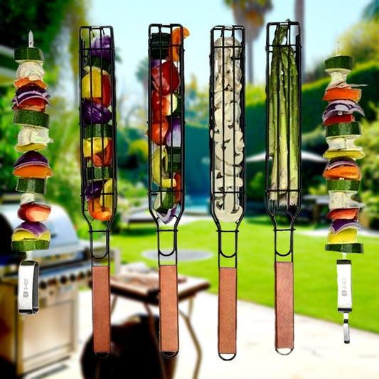 Grillkurv Rustfrit Stål med Varmeisoleret Træhåndtag | 49 x 4,5 cm | Non-Stick Overflade til Gas- og Kulgrill