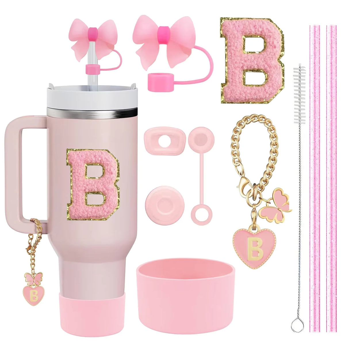 Buchstaben- und Blumenanhänger & auslaufsicheres Becherzubehör-Set (10 Teile)