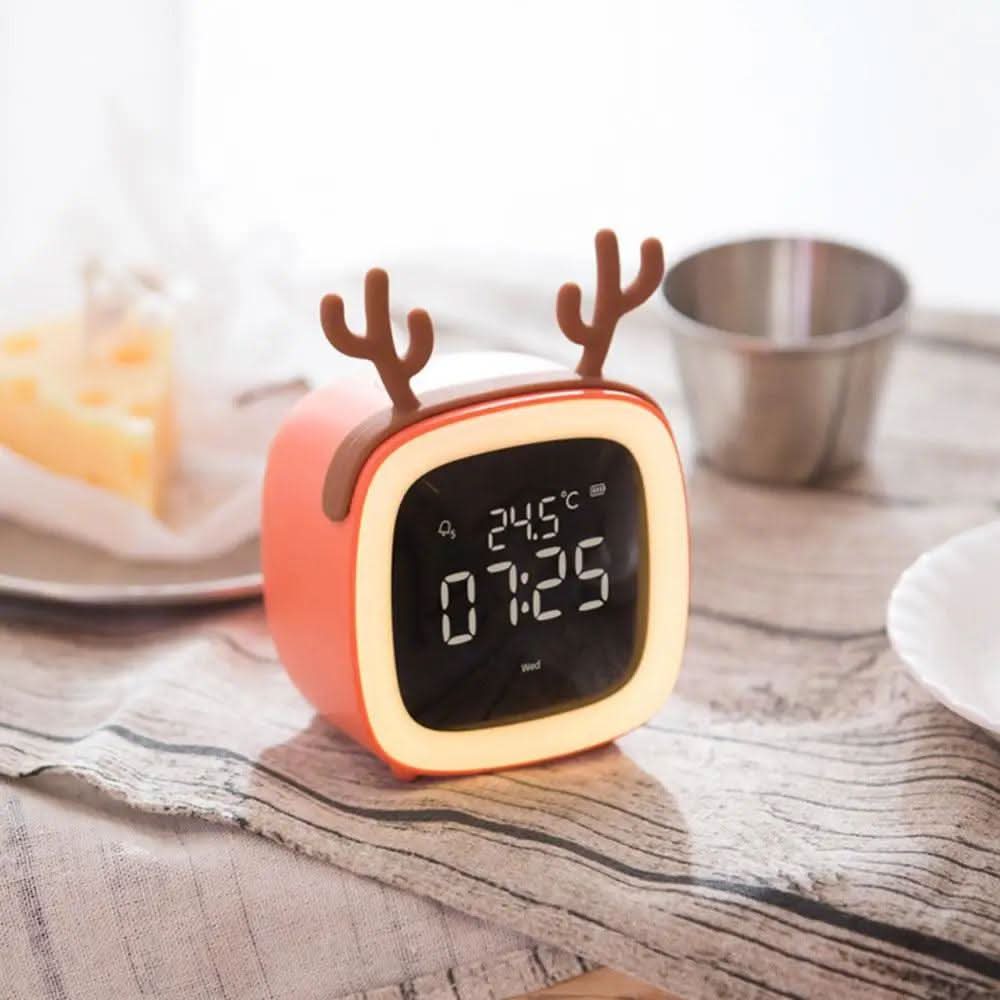 Mini-tegnefilm-tv-vækkeur til børn, LED-natlampe til opladning ved sengen, snooze-ur, justerbar lysstyrke, vågn op med lysfarveindstilling