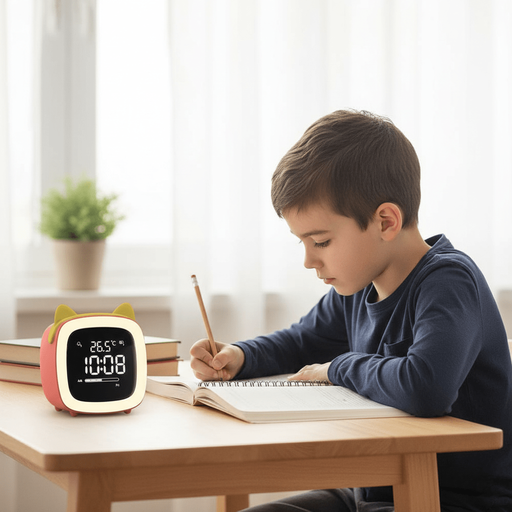 Mini-tegnefilm-tv-vækkeur til børn, LED-natlampe til opladning ved sengen, snooze-ur, justerbar lysstyrke, vågn op med lysfarveindstilling