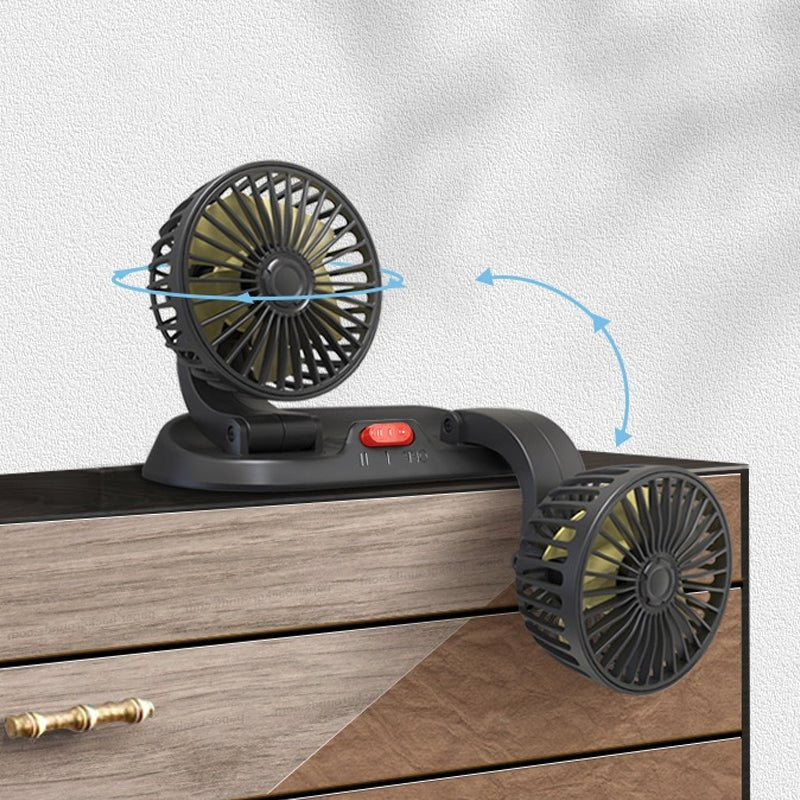 Bilventilator Dobbelt 360° Roterende med Klæbebase | 12V/24V 8W/15W Effekt | Lydsvag Kompakt 22,1 x 15,5 x 6,6 cm