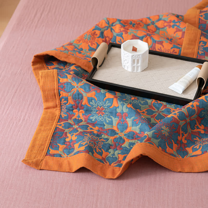 Ethniquilt - Baumwollquilt mit orange-blauem Muster in sechs Lagen