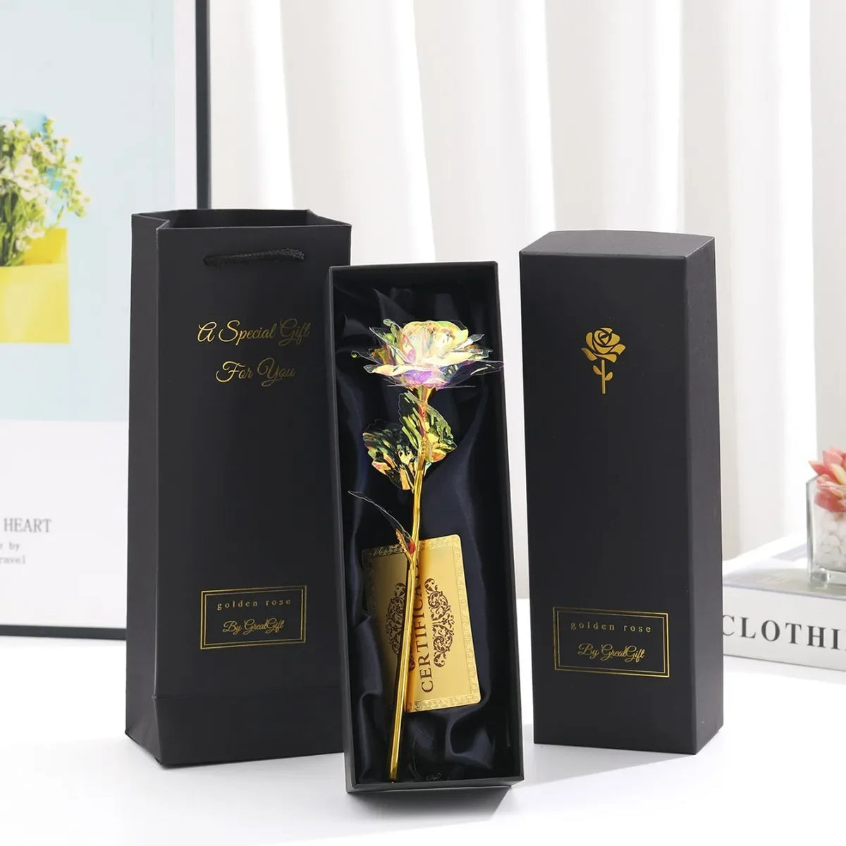 Geschenkset mit Rose aus Folie (Geschenkbox und Karte)