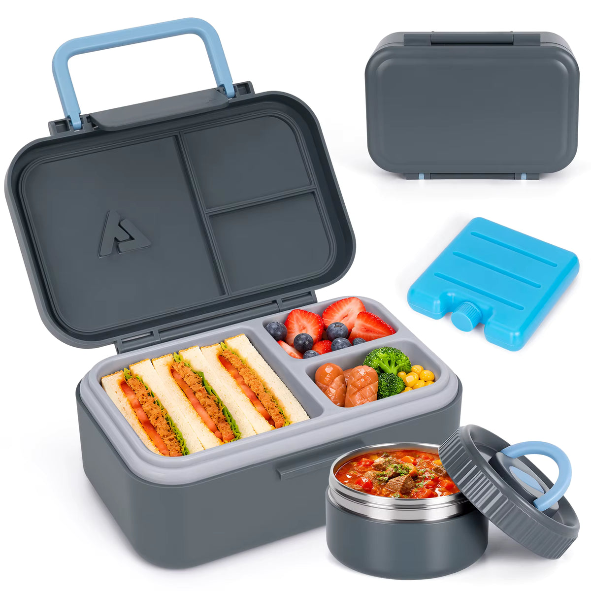 Vakuumisolierte und auslaufsichere Bento-Lunchbox aus Edelstahl (3 Fächer)