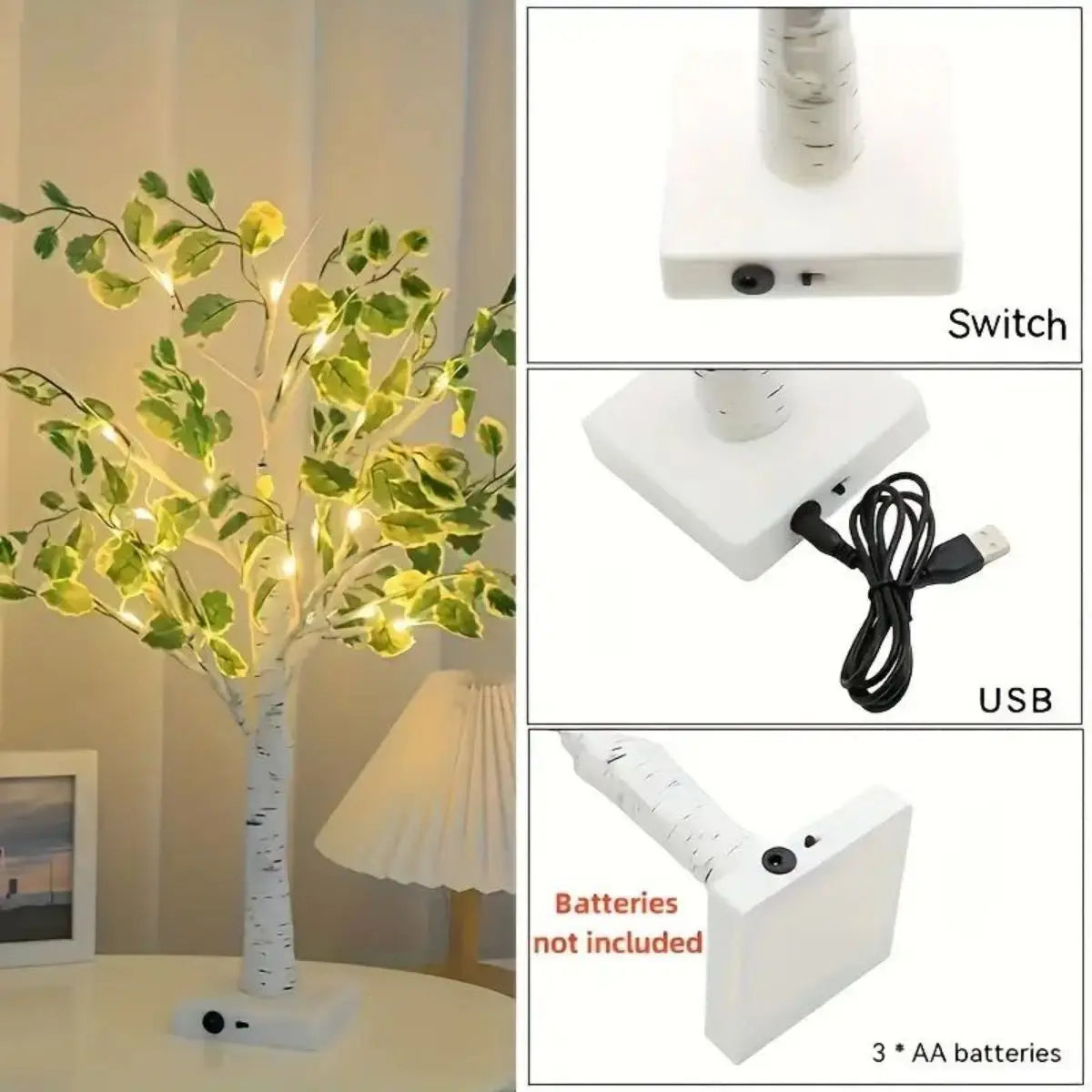 Batteridrevet LED-birketræ med varmt hvidt lys (61 cm)