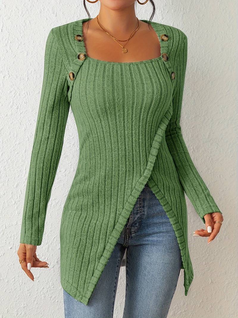 Daphne - Pullover mit quadratischem Ausschnitt, langen Ärmeln und seitlichem Schlitz