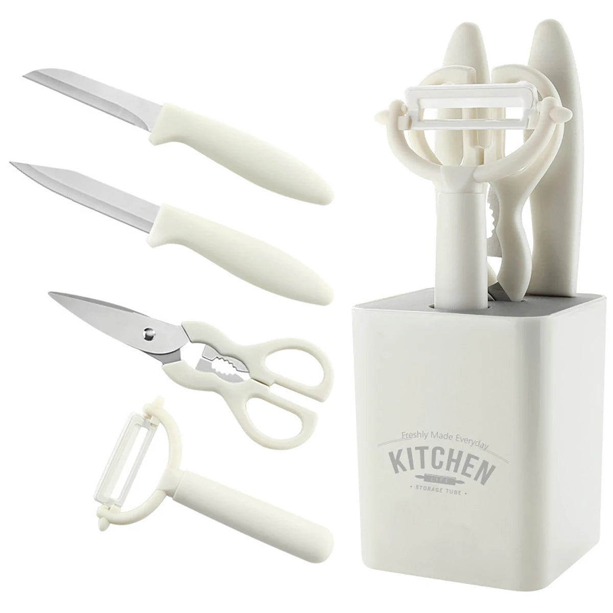 5-teiliges Küchenutensilien-Set mit Schäler, Obstmesser, Schneebesen und Schere