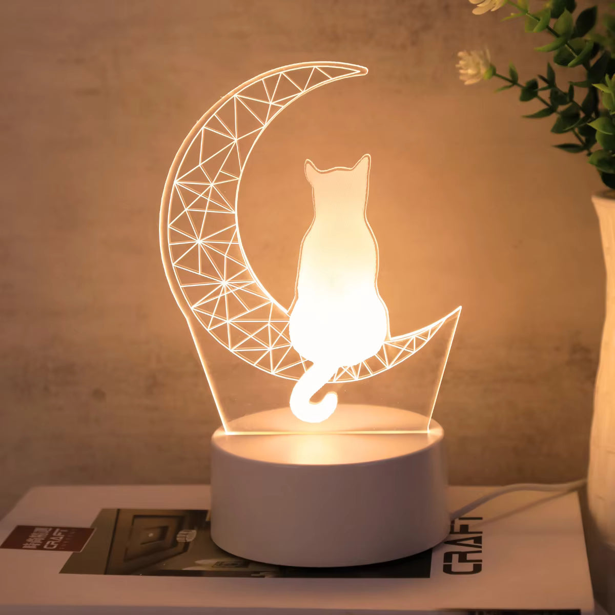 3D Måne Kat Blødt Varmt Lys Natlampe (USB-Drevet)