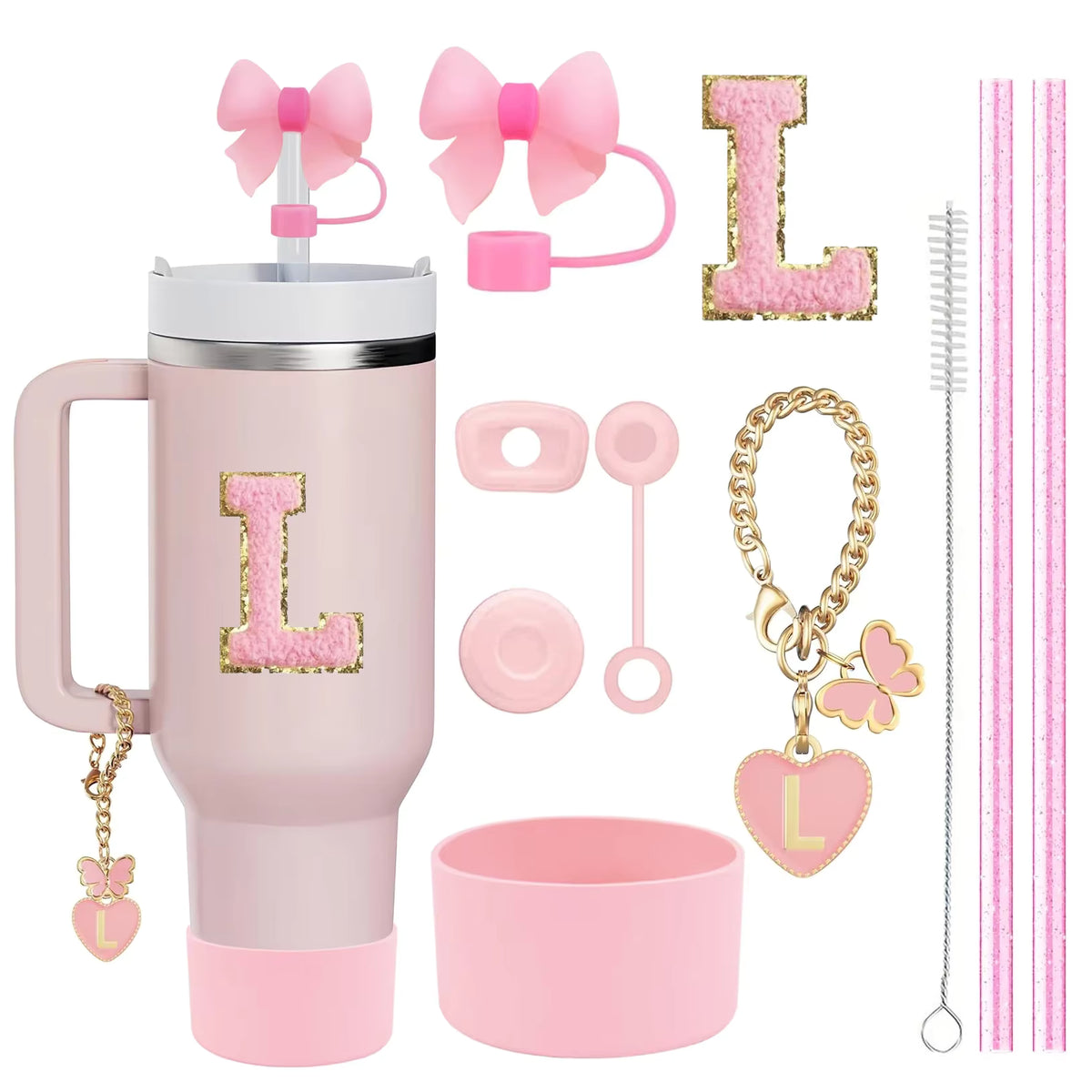 Buchstaben- und Blumenanhänger & auslaufsicheres Becherzubehör-Set (10 Teile)