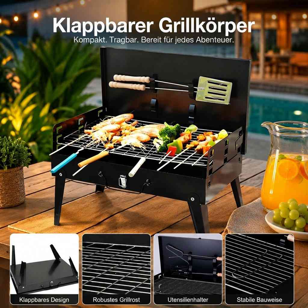 Kulgrill Bærbar Foldbar i Pulverlakeret Stål | Sammenklappet 44 x 24 x 6 cm | Rustfrit Stål Grillrist med Tang og Spatel