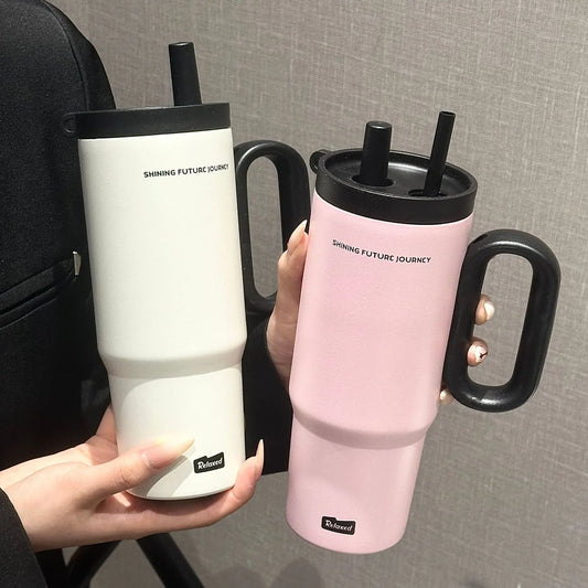 Vakuumisolierte Edelstahl-Wasserflasche mit Strohhalm und Griff (750 ml)