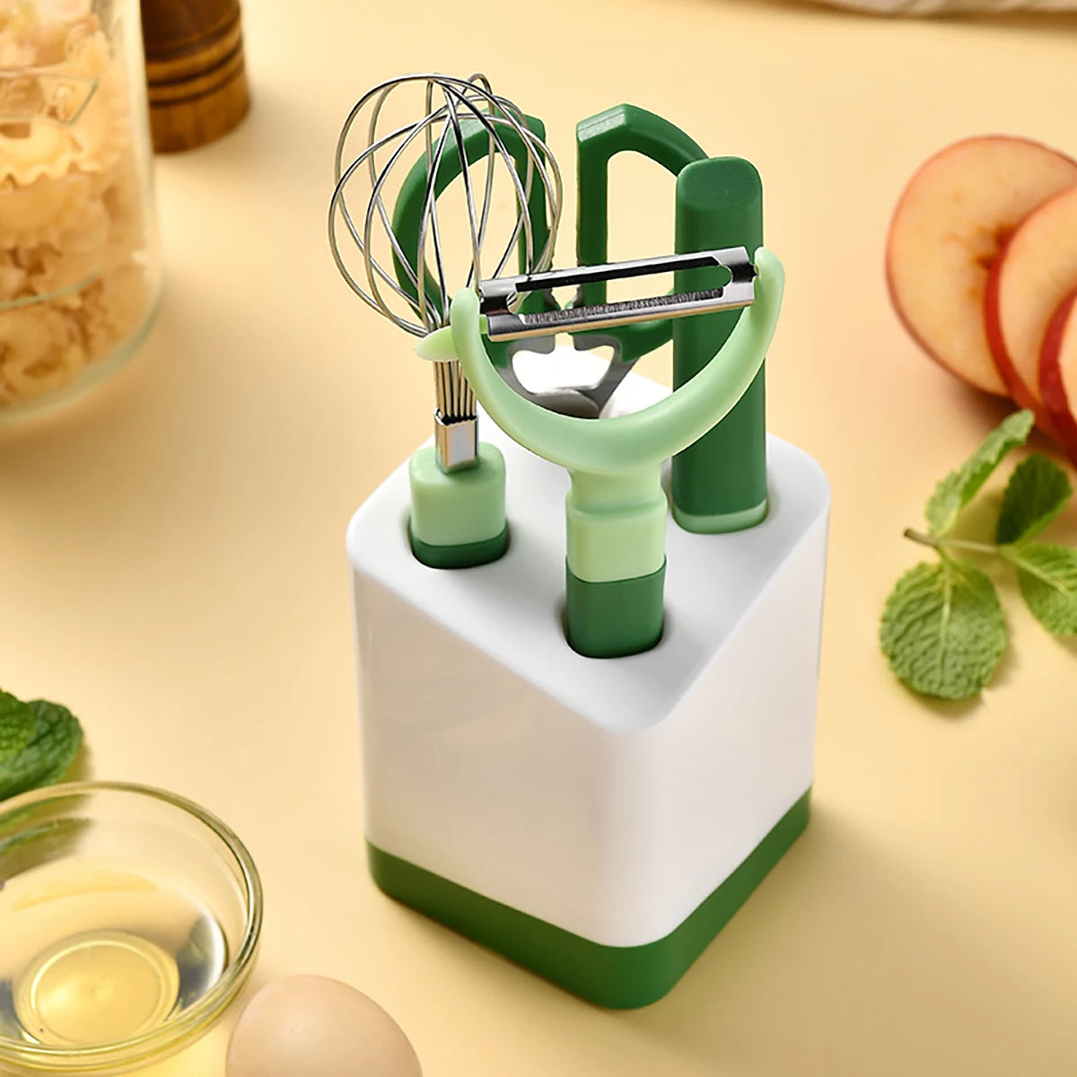 5-teiliges Küchenutensilien-Set mit Schäler, Obstmesser, Schneebesen und Schere