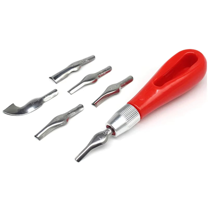 Set mit ergonomischen Werkzeugen mit Schnellwechselmechanismus zum Linoleumschneiden (6 austauschbare Köpfe)