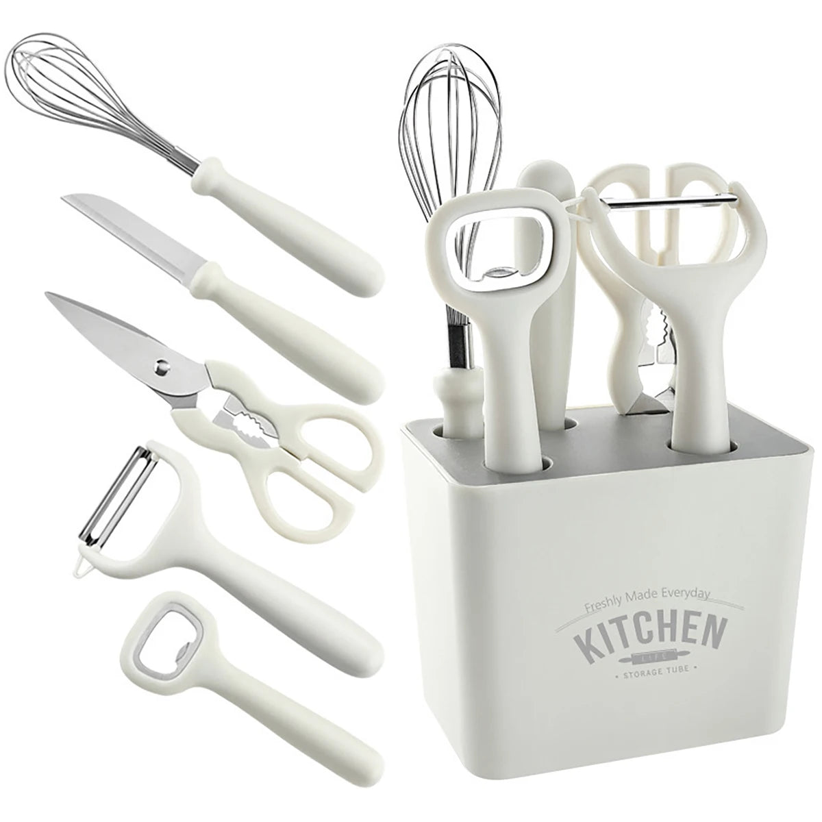 5-teiliges Küchenutensilien-Set mit Schäler, Obstmesser, Schneebesen und Schere