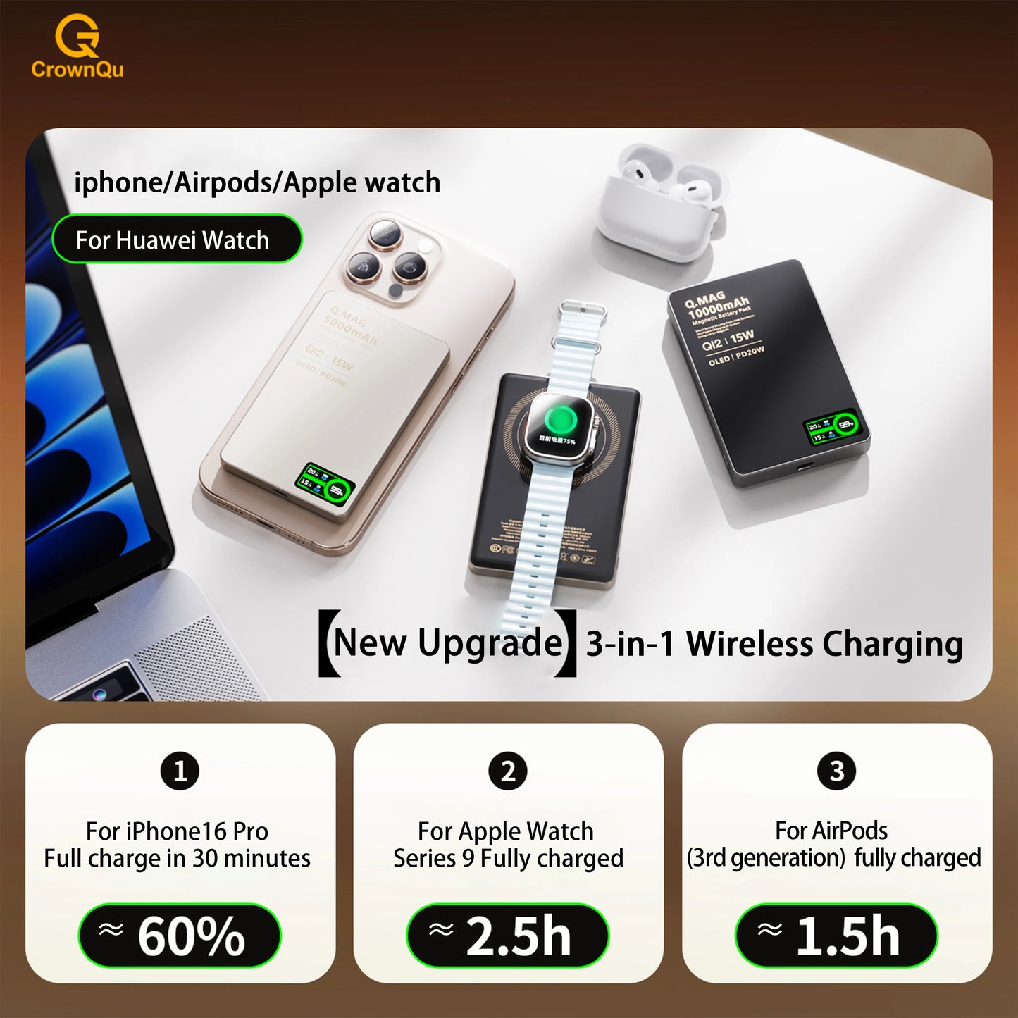 Præcis Magnetische 15W Kabellose Powerbank (3-in-1, 10000mAh)
