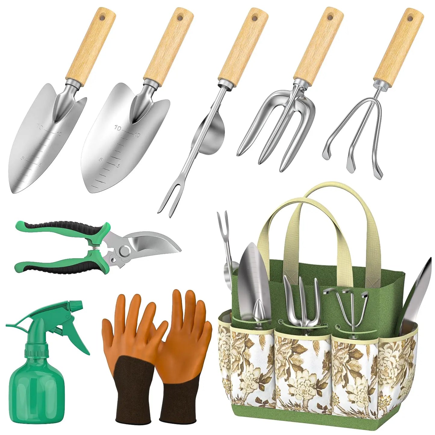 Edelstahl- & ergonomisches Holz-Gartenwerkzeugset (9-teilig)