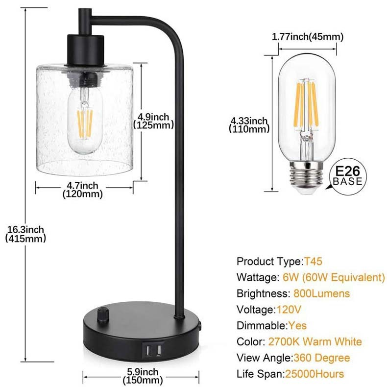 LumoStyle - Industrielle Bettlampe mit dimmbarem LED und USB-Ports