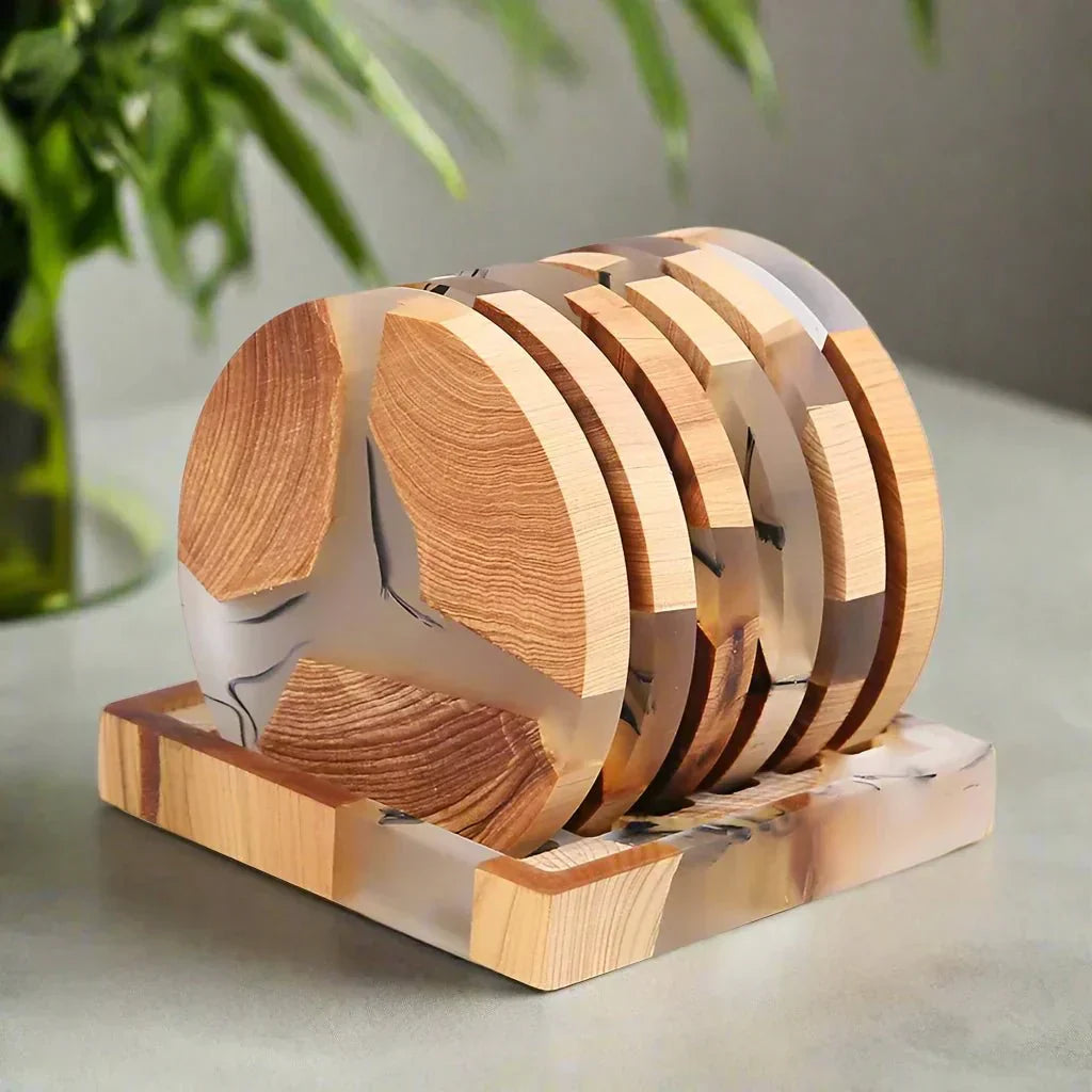 ZenArt - Sechs japanisch inspirierte Untersetzer aus massivem Holz