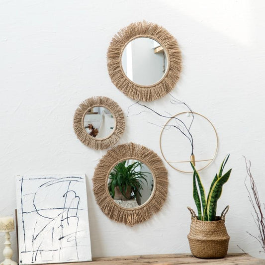 NaturAura - Dekorativem Wandspiegel im Boho-Hanfgewebe